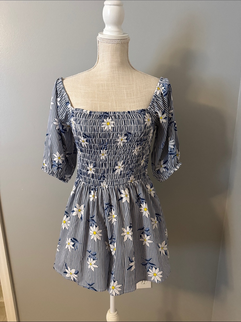 True Destiny Blue and White Striped Floral Romper with Yellow Accents